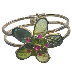 Vtg 1960s Faceted Green & Pink Rhinestone Floral  Hinged Clamper  Bracelet